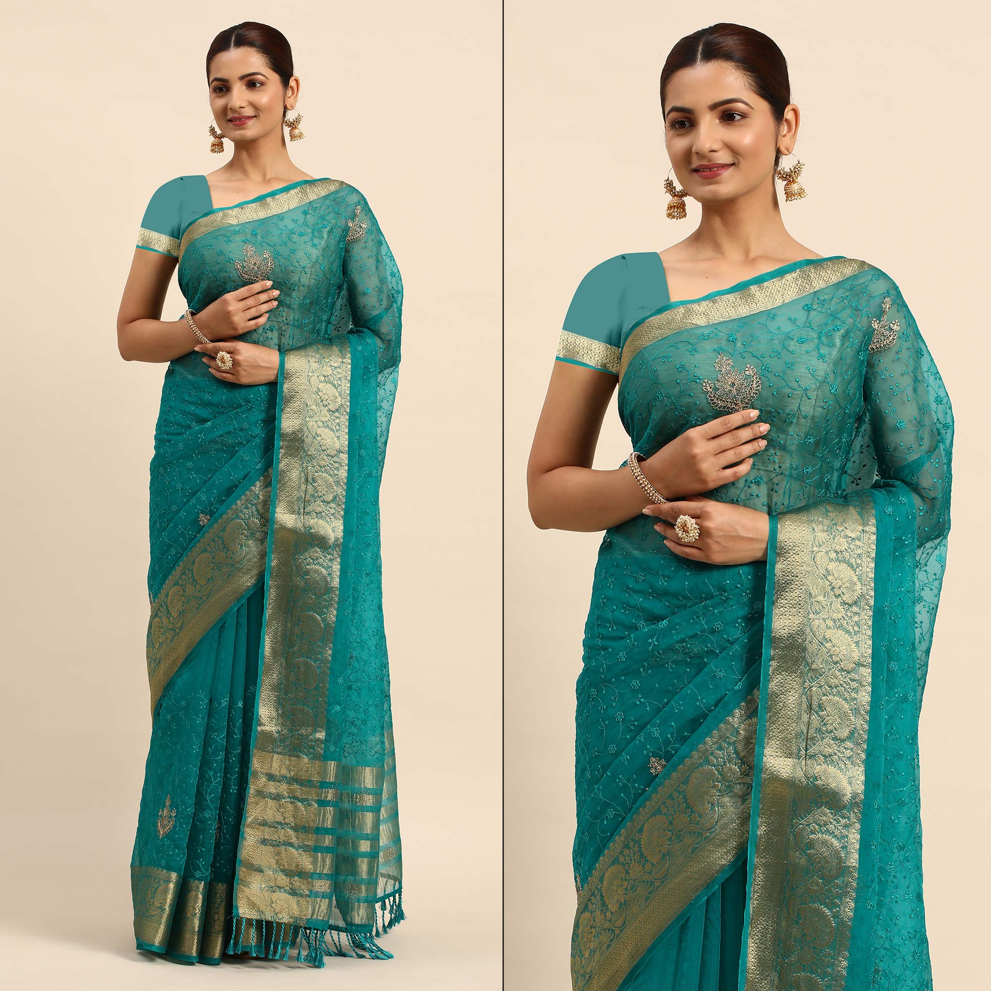 Turquoise Floral Embroidered Organza Saree