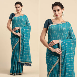 Blue Foil Printed With Fancy Border Zomato Silk Saree
