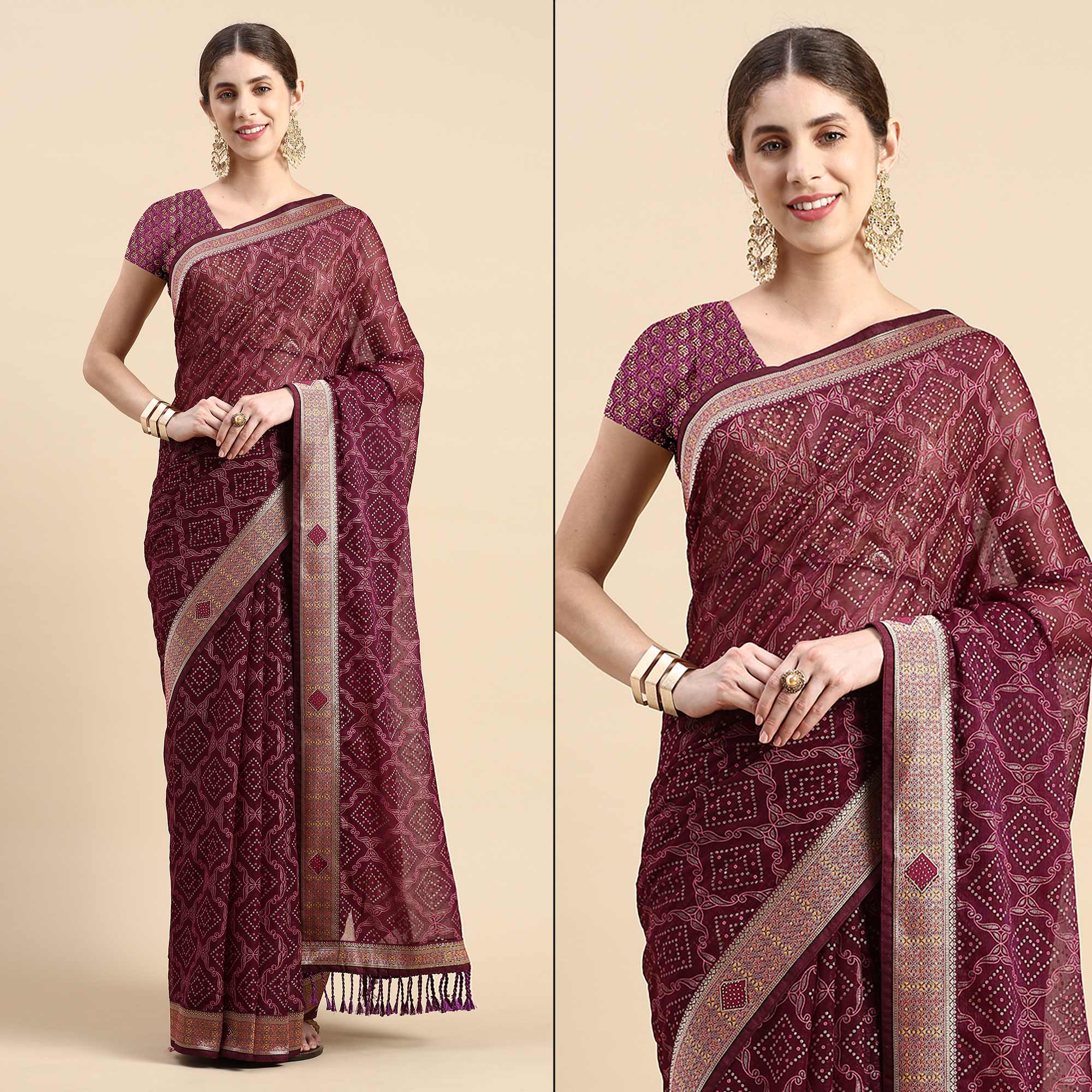 Purple Foil Printed With Fancy Border Chiffon Saree