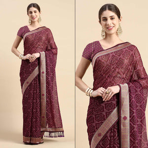 Purple Foil Printed With Fancy Border Chiffon Saree