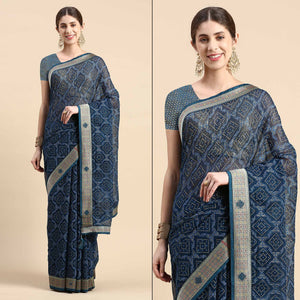 Blue Foil Printed With Fancy Border Chiffon Saree