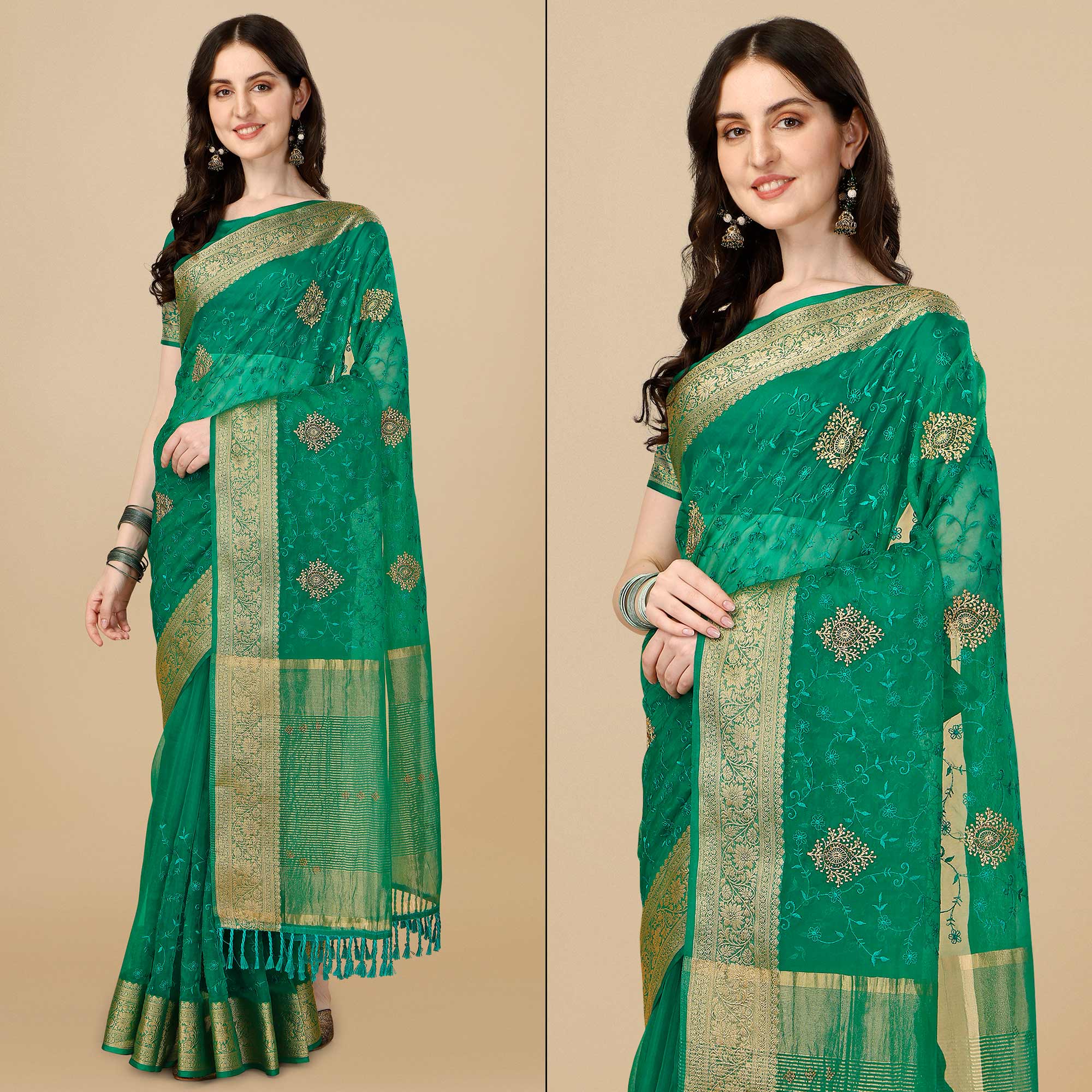 Green Floral Embroidered Organza Saree