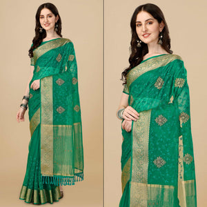 Green Floral Embroidered Organza Saree