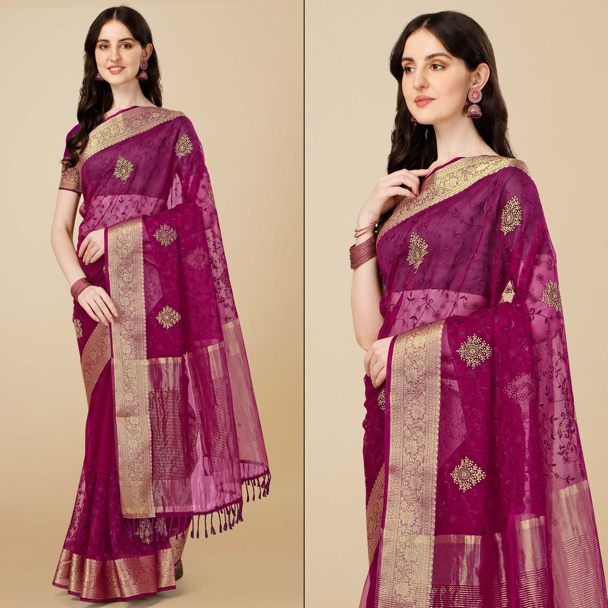 Purple Floral Embroidered Organza Saree