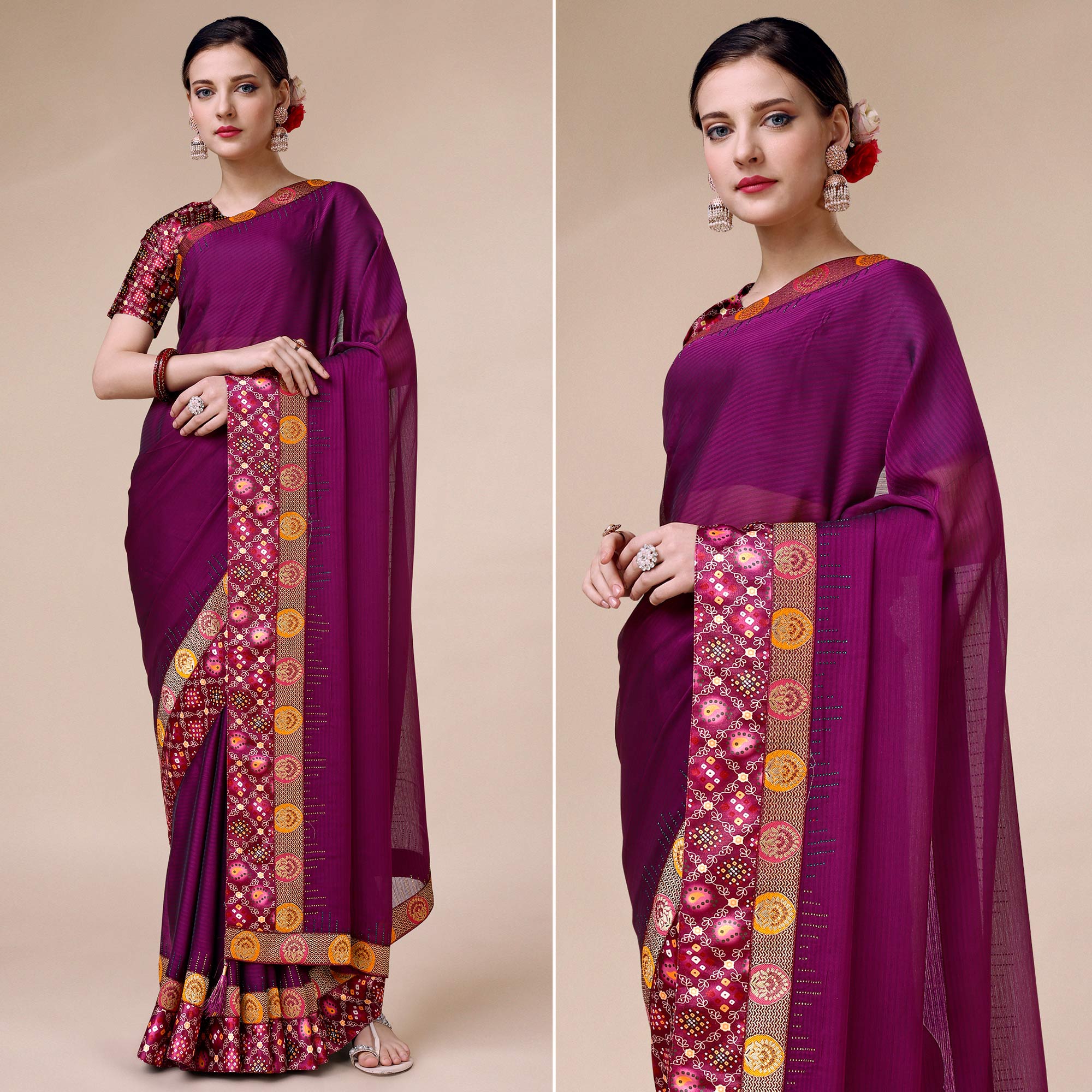Purple Swarovski With Bandhani Printed Border Art Silk Saree