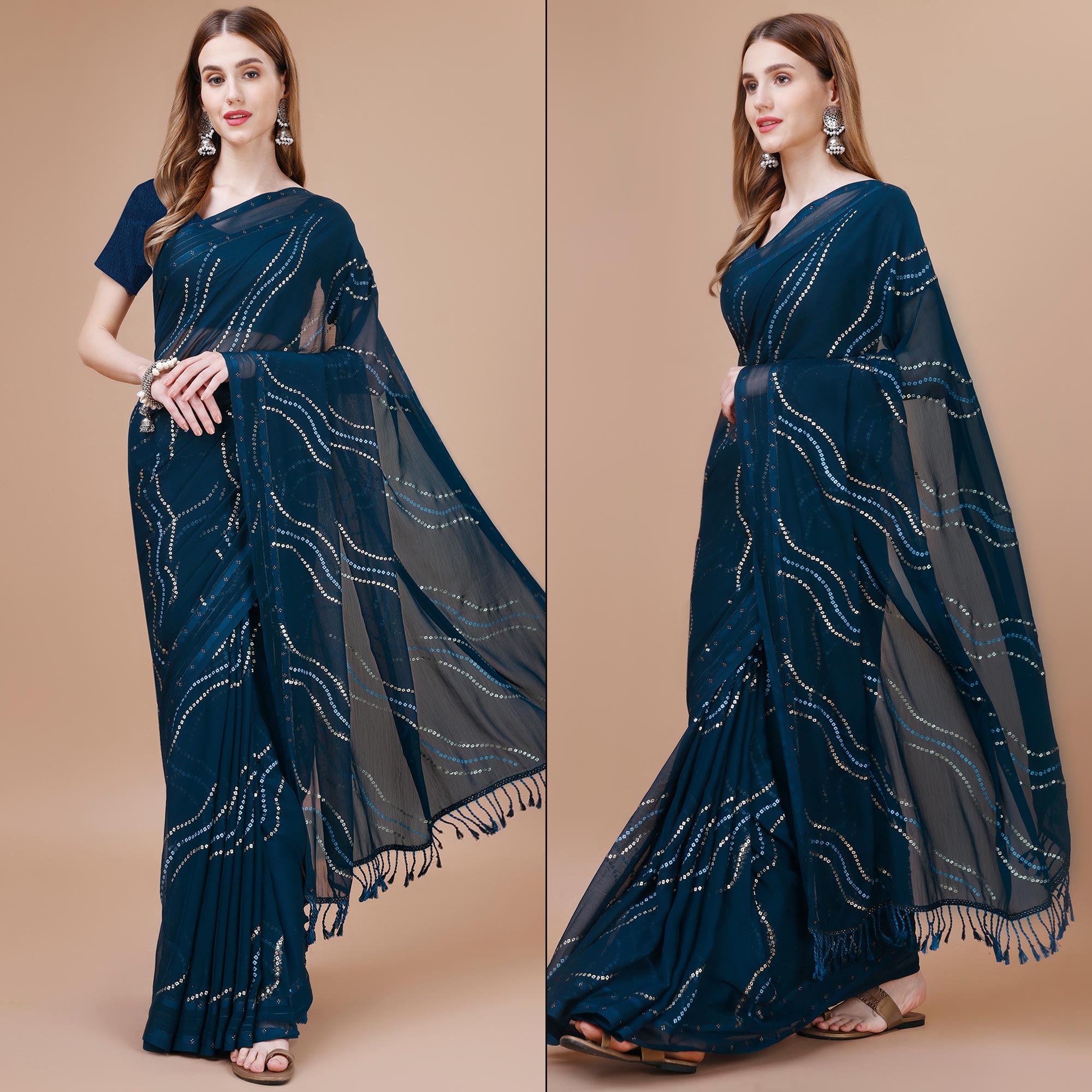 Blue Bandhani Printed Chiffon Saree With Tassels