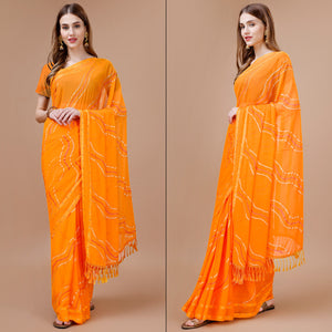 Orange Bandhani Printed Chiffon Saree With Tassels