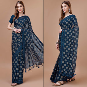 Blue Foil Printed Chiffon Saree With Tassels