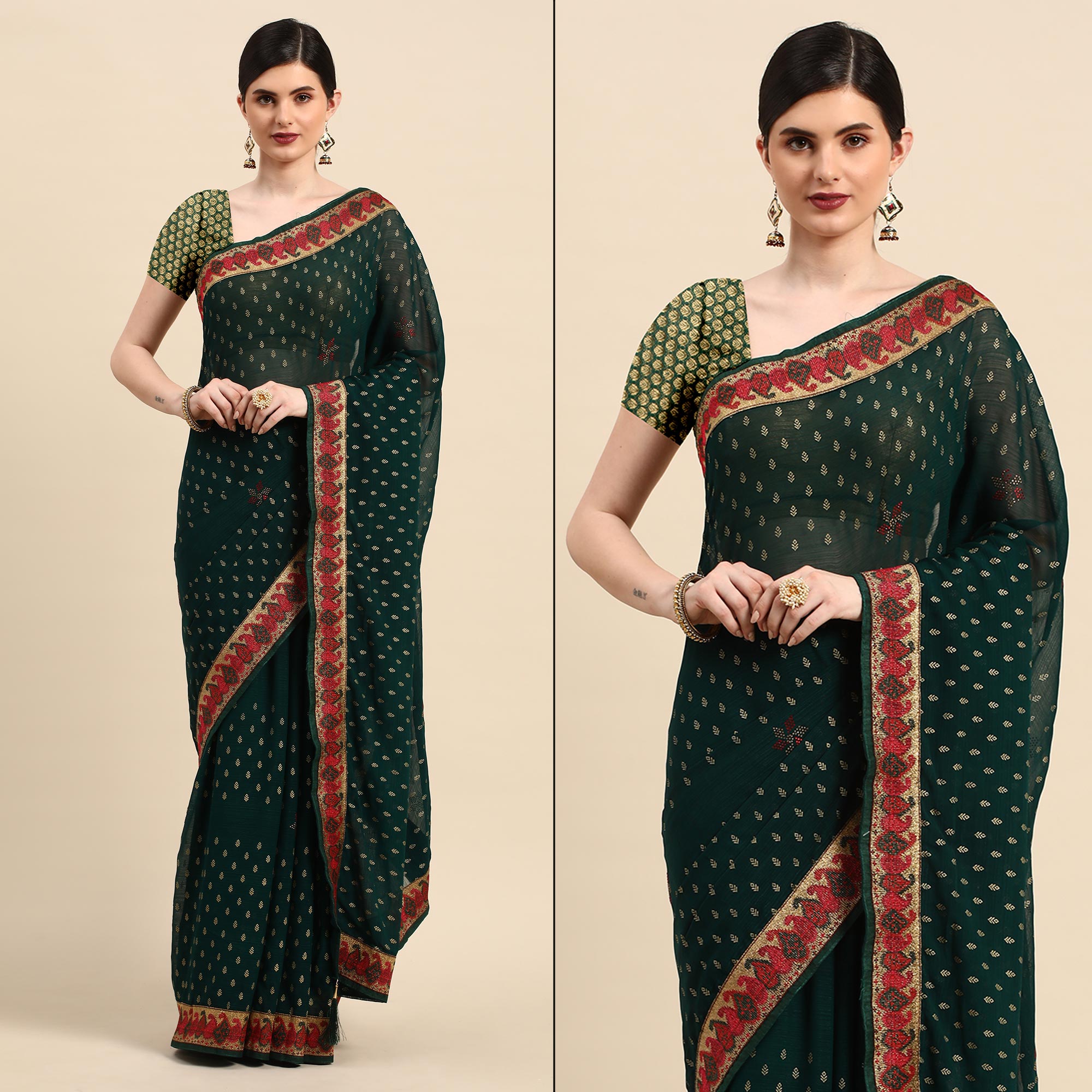 Green Foil Printed With Swarovski Zomato Silk Saree