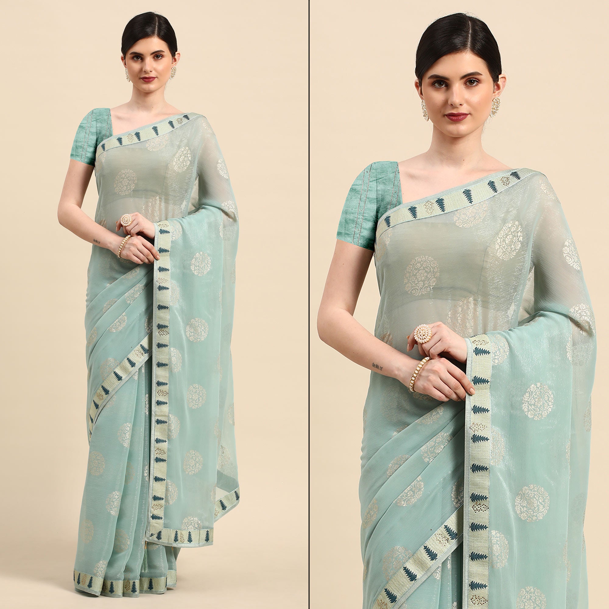 Blue Foil Printed With Swarovski Chiffon Saree