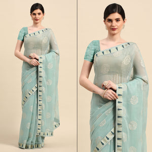 Blue Foil Printed With Swarovski Chiffon Saree