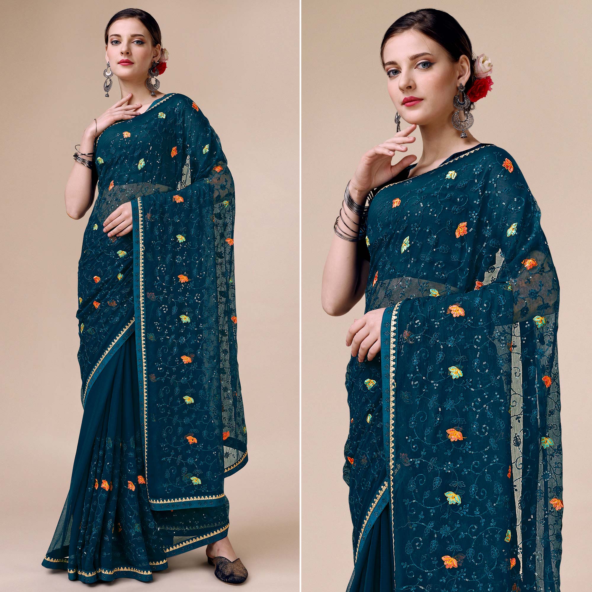 Teal Blue Floral Embroidered Chiffon Saree