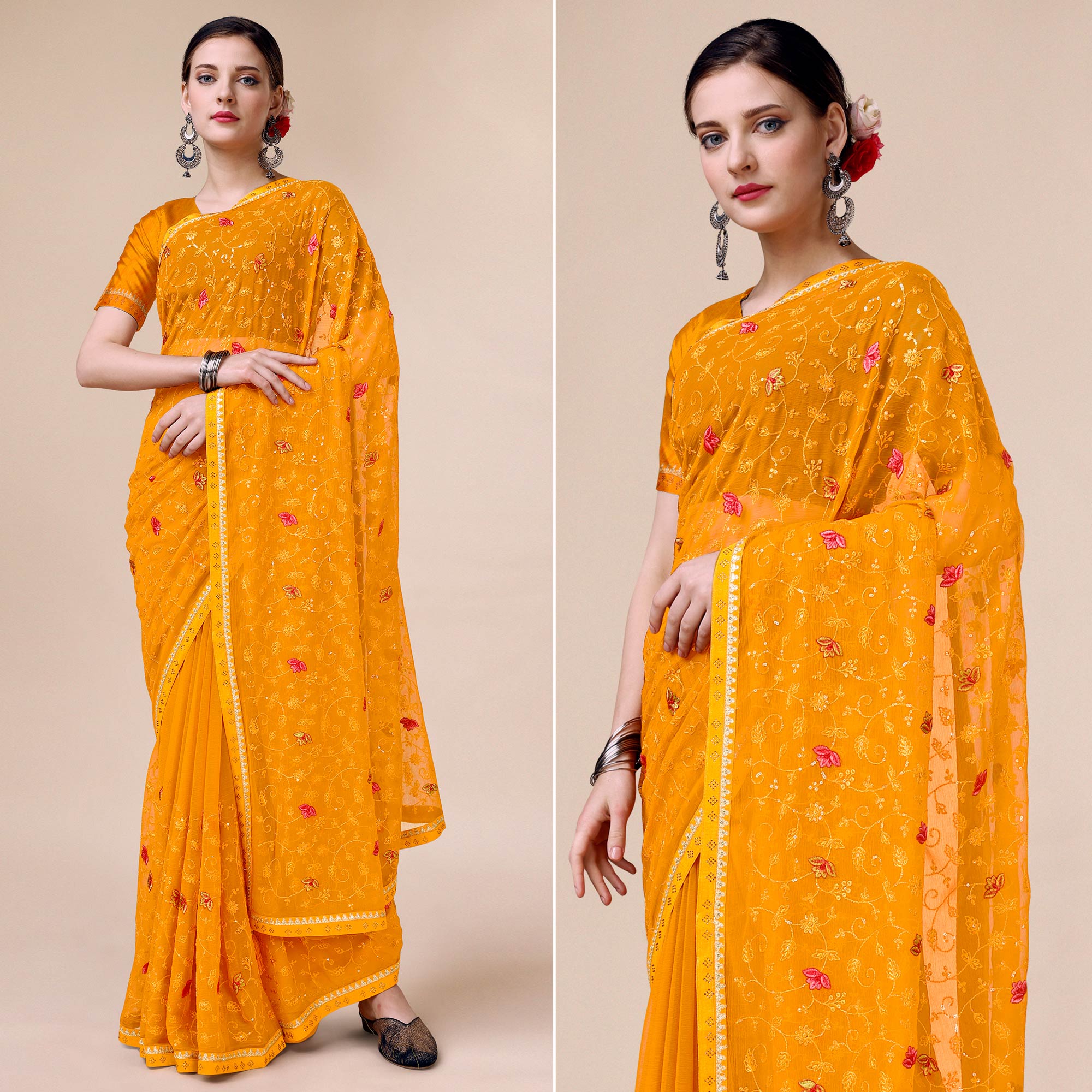 Mustard Floral Embroidered Chiffon Saree