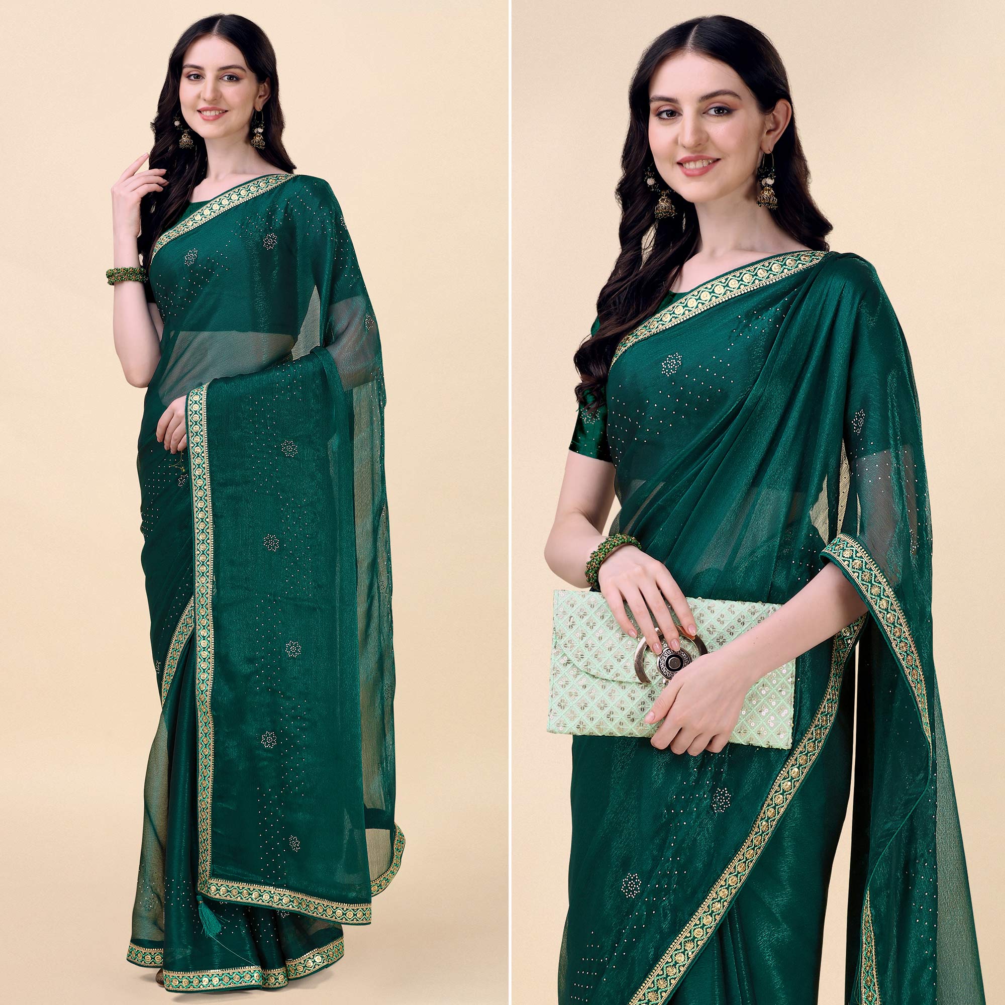 Green Swarovski With Sequins Embroidered Chiffon Saree