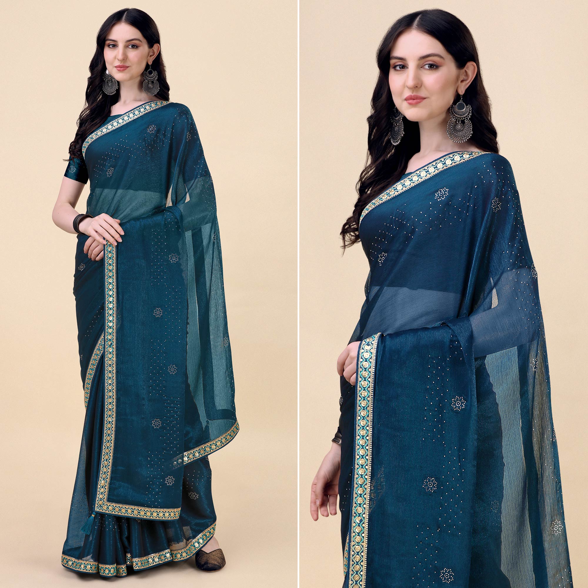 Teal Blue Swarovski With Sequins Embroidered Chiffon Saree