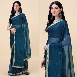 Teal Blue Swarovski With Sequins Embroidered Chiffon Saree