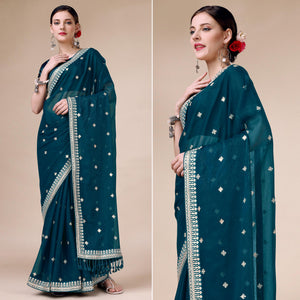 Teal Blue Sequins Embroidered Chiffon Saree