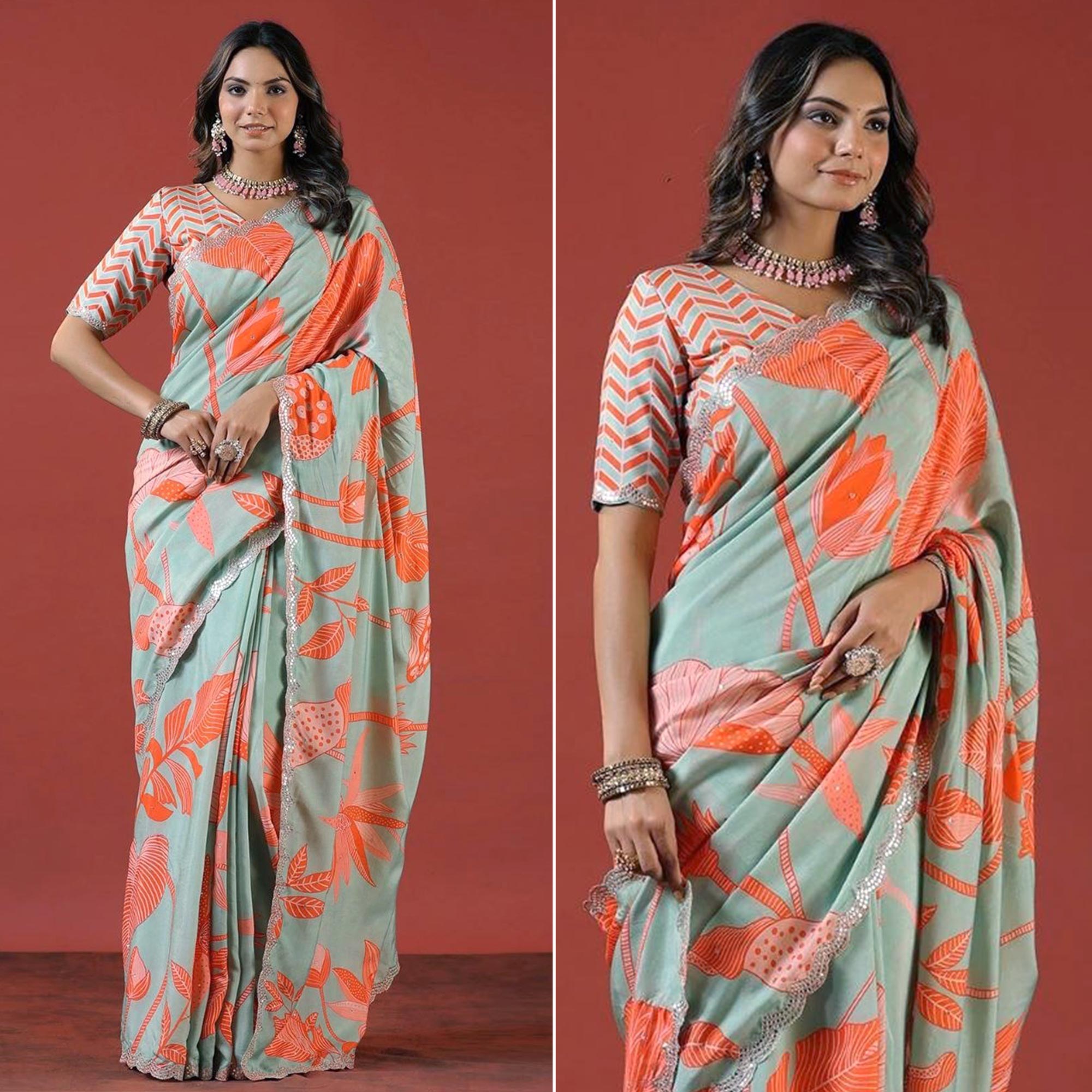Turquoise & Orange Sequin Embroidered Vichitra Silk Saree