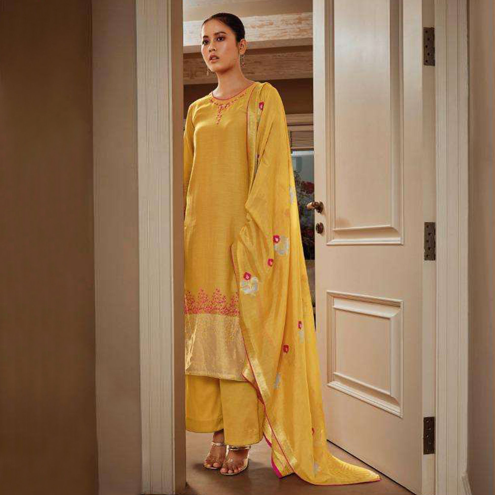 Yellow Embroidered Pure Silk Suit