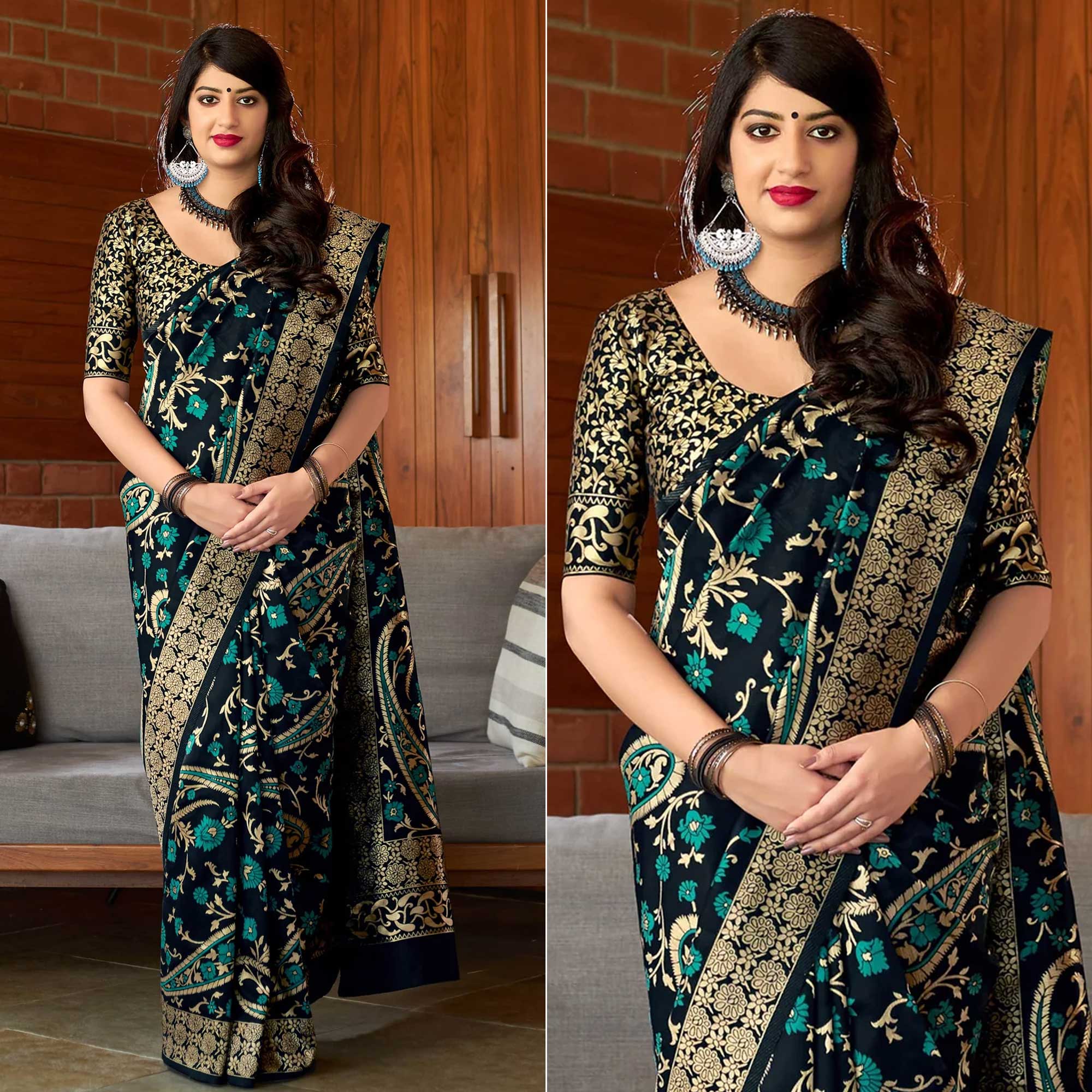 Navy Blue Woven Banarasi Silk Saree