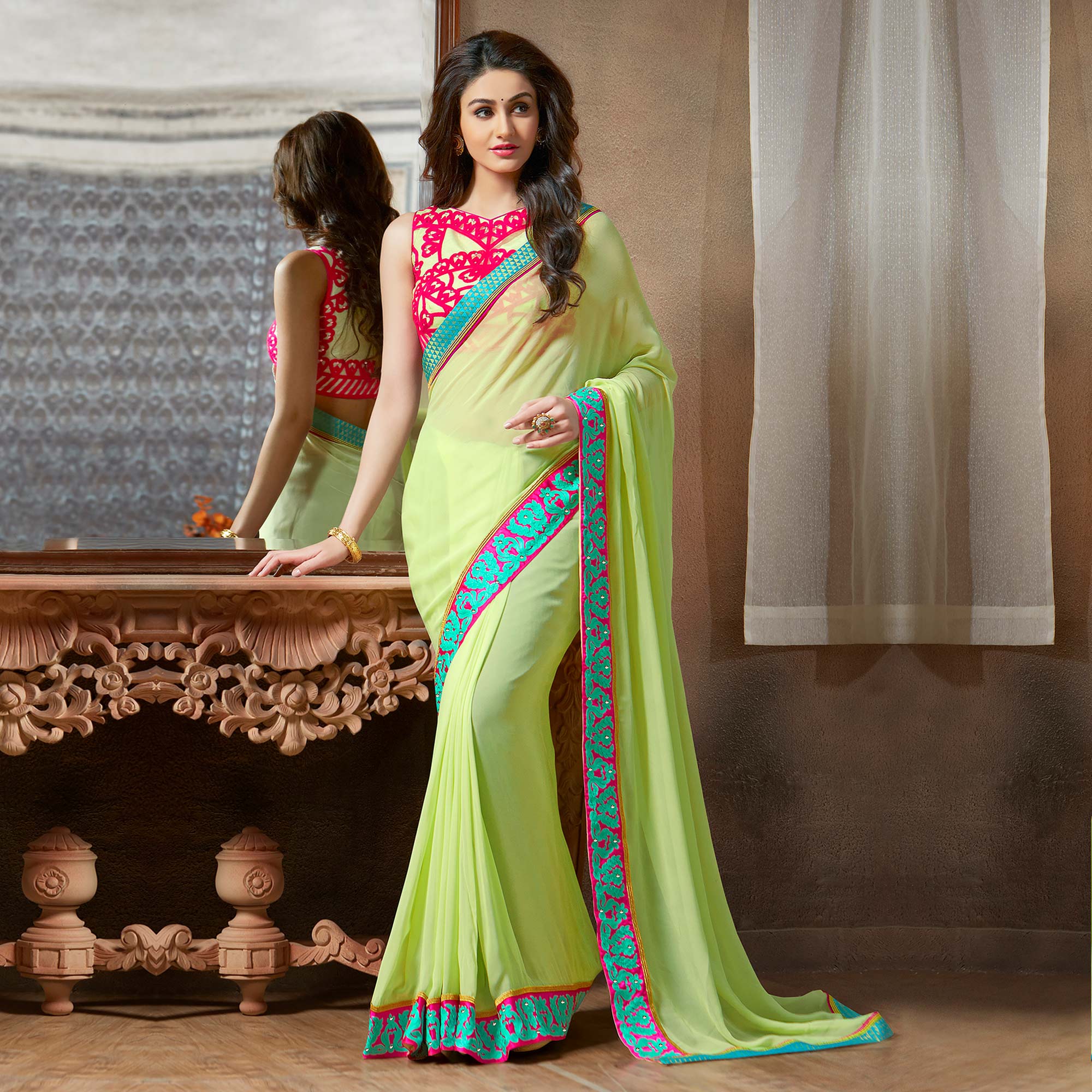 Green Embroidered Georgette Saree