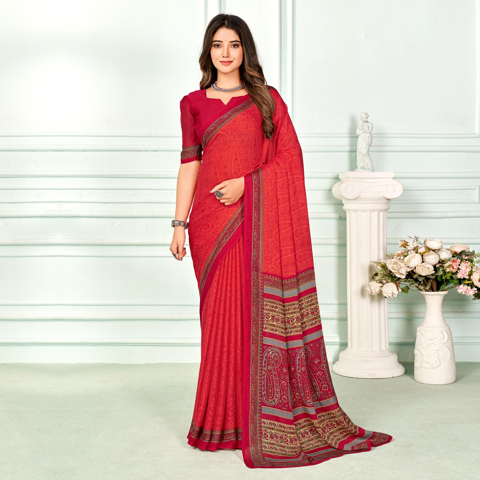 Red Floral Printed Chiffon Saree