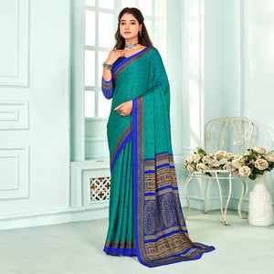 Blue Floral Printed Chiffon Saree