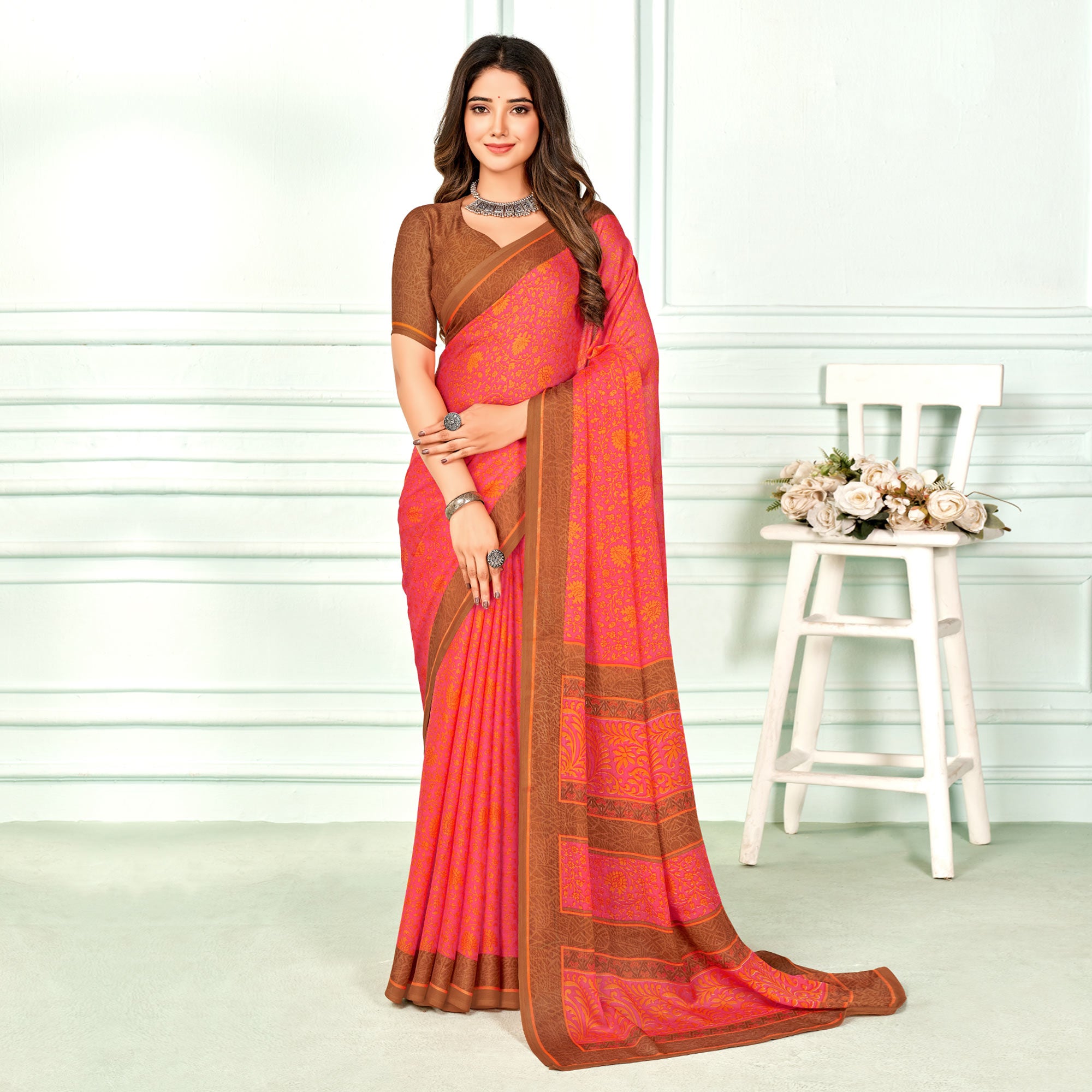 Salmon Pink Floral Printed Chiffon Saree