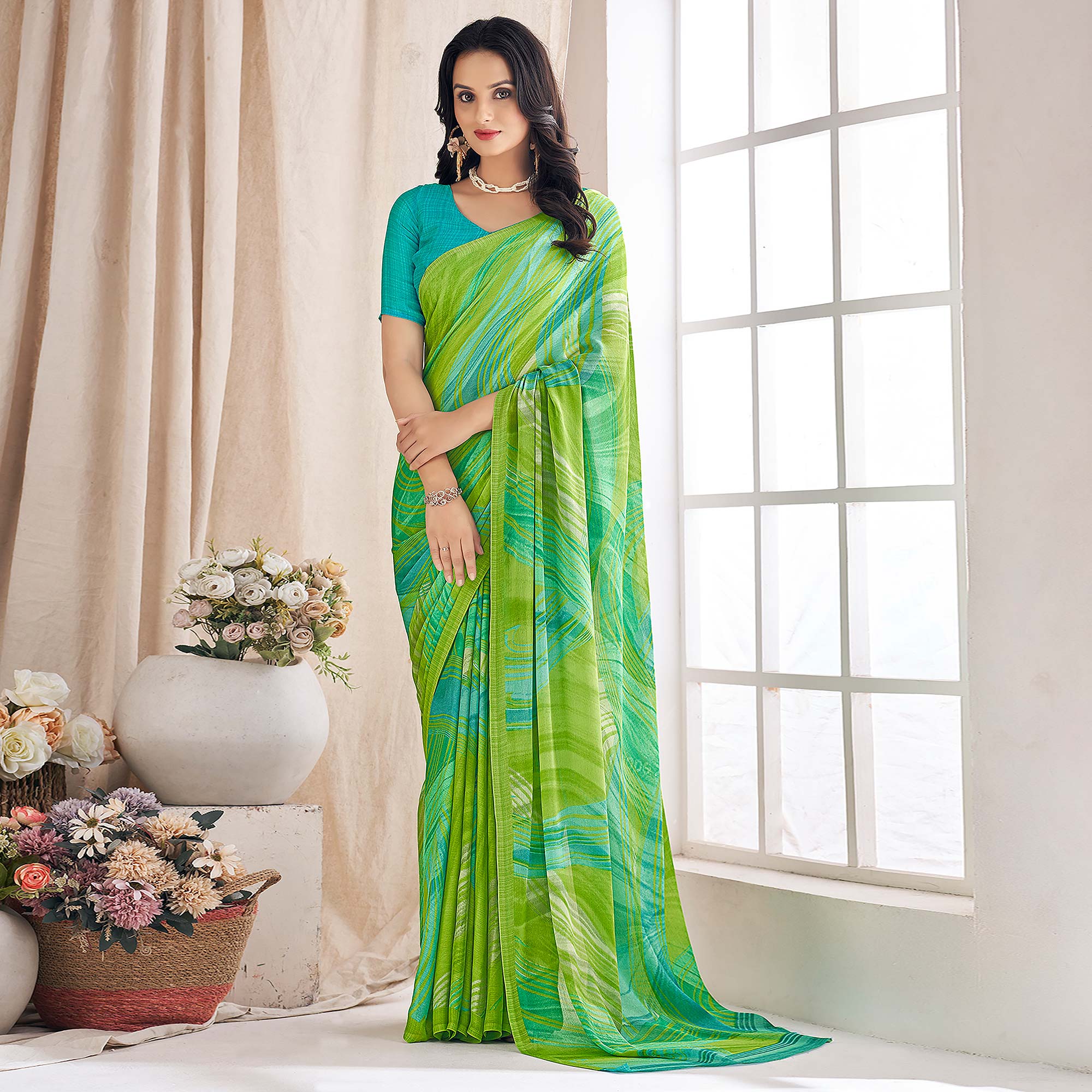 Green Printed Chiffon Saree