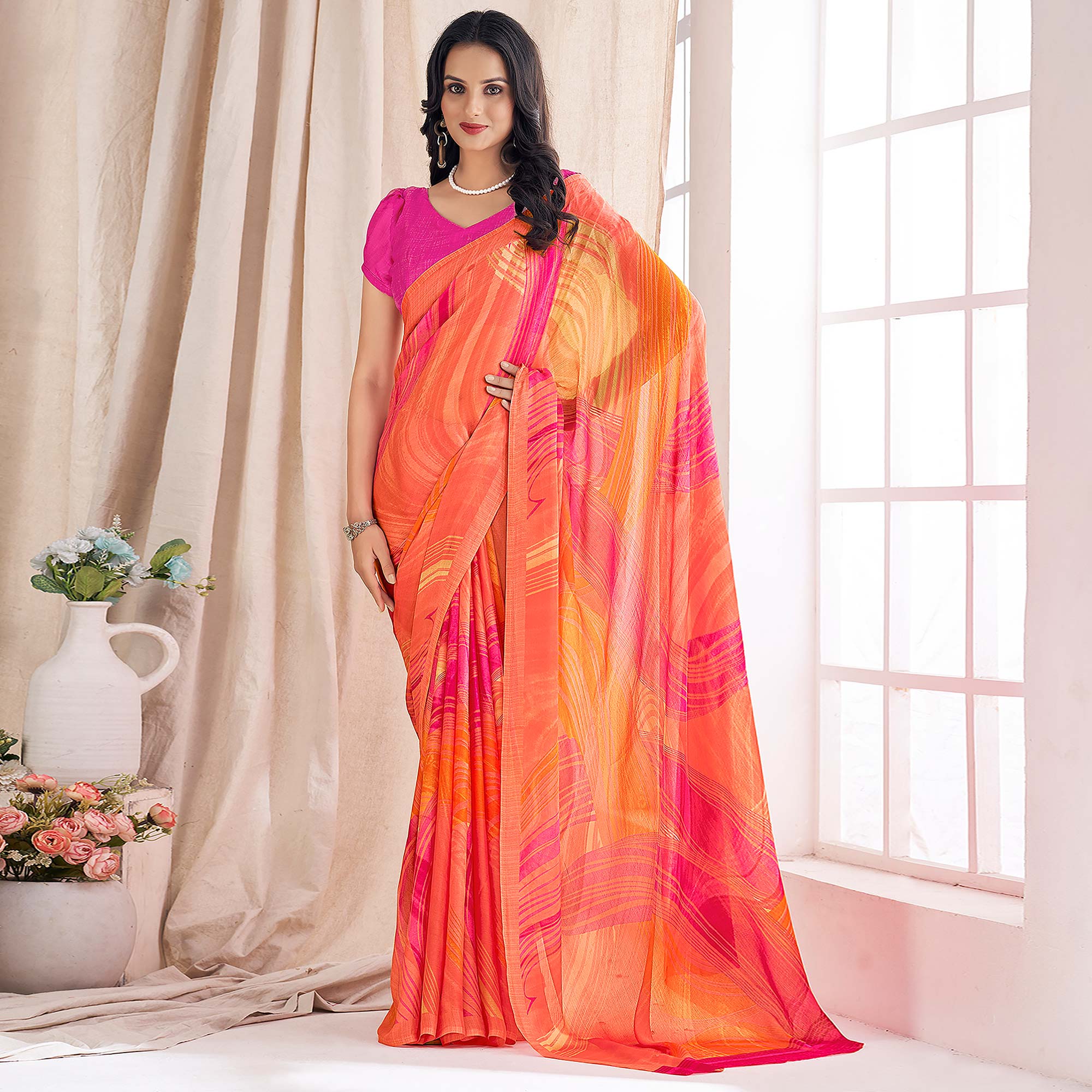 Salmon Pink Printed Chiffon Saree
