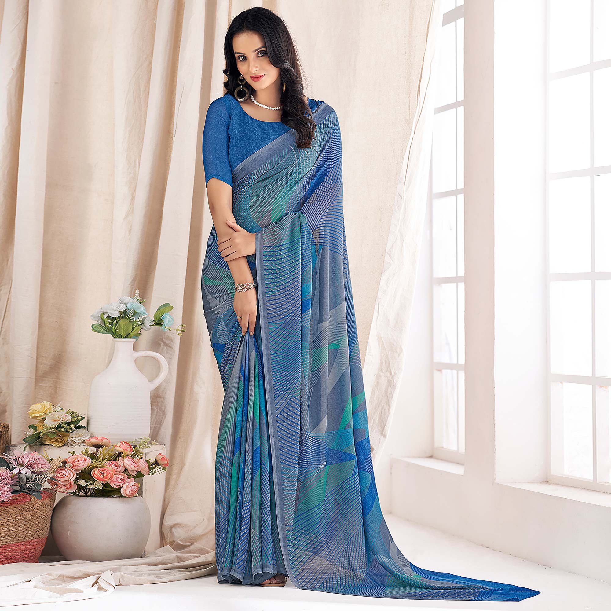 Blue Printed Chiffon Saree