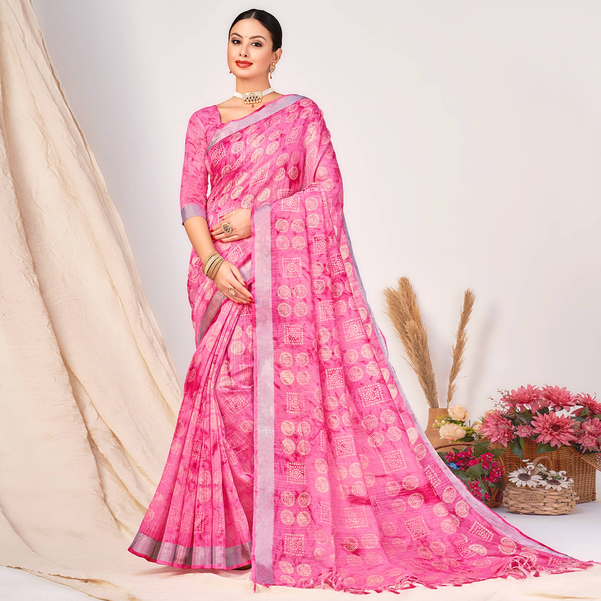 Pink Printed Cotton Silk Saree With Woven Border