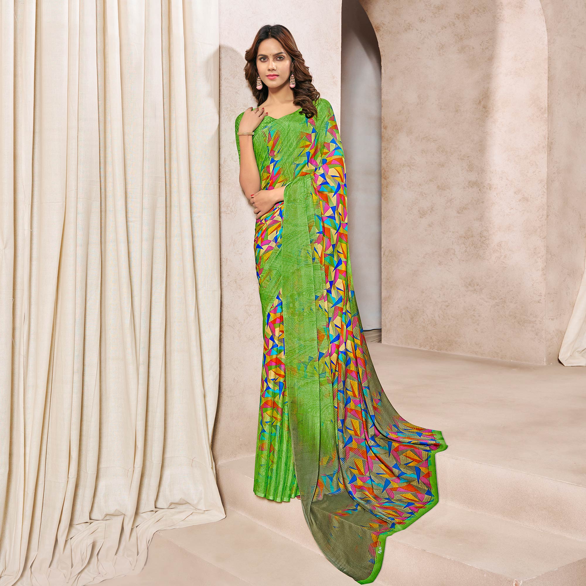 Green Printed Georgette Saree