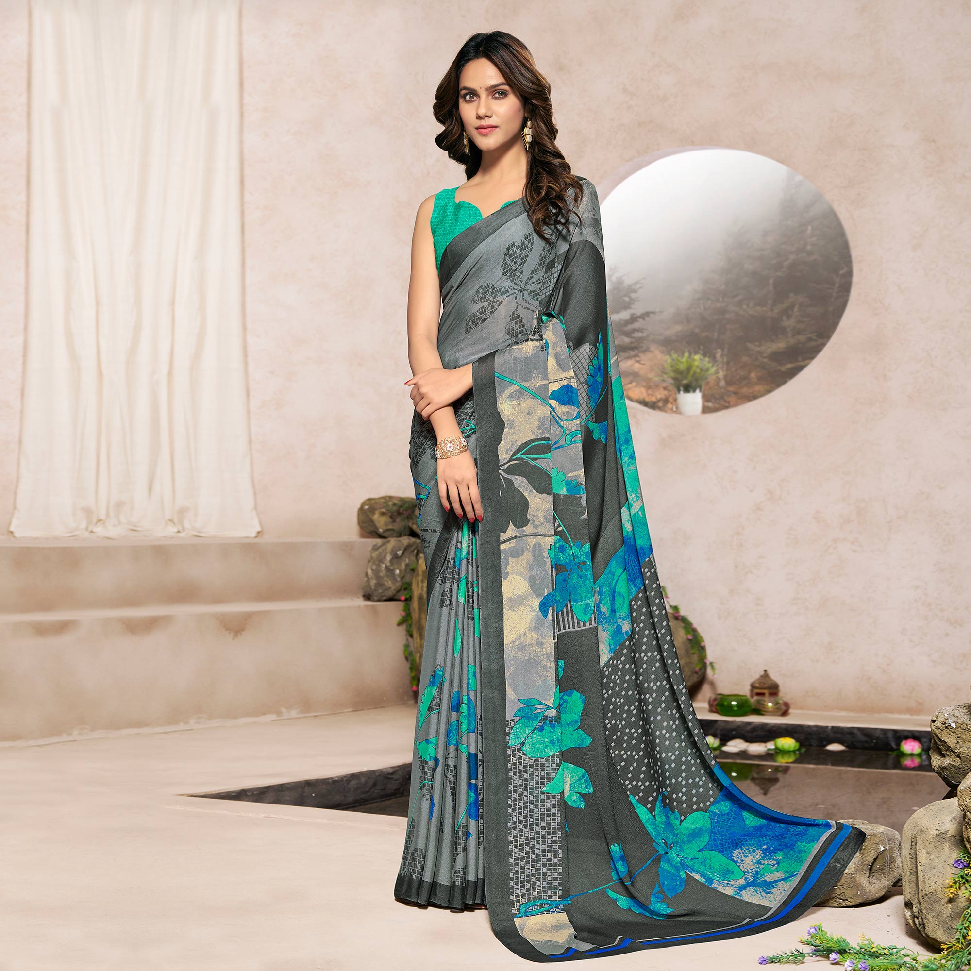 Grey & Turquoise Printed Georgette Saree