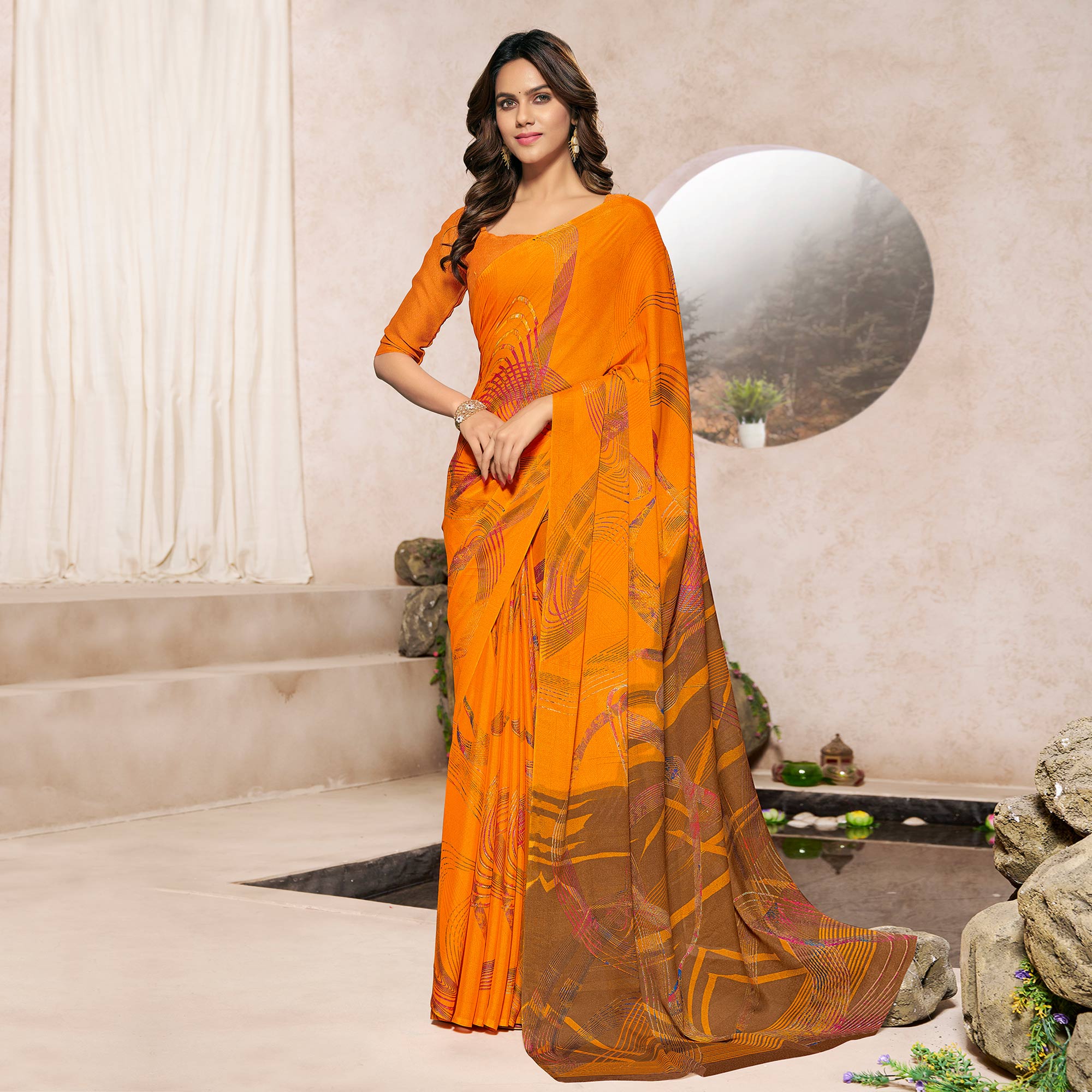 Mustard Printed Georgette Saree