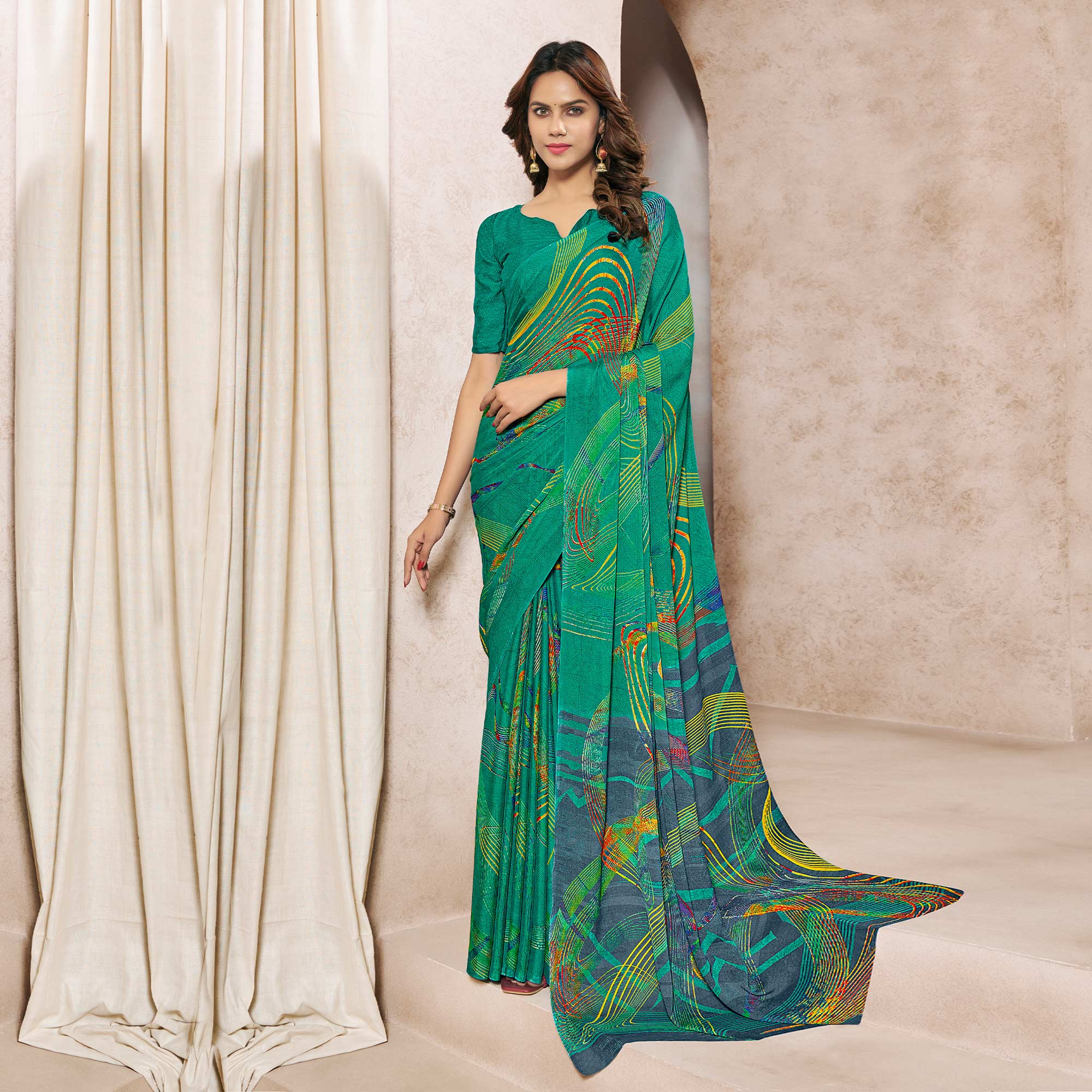 Green Printed Georgette Saree