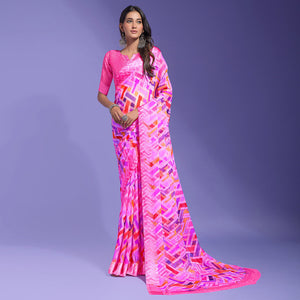 Pink Geometric Printed Chiffon Saree