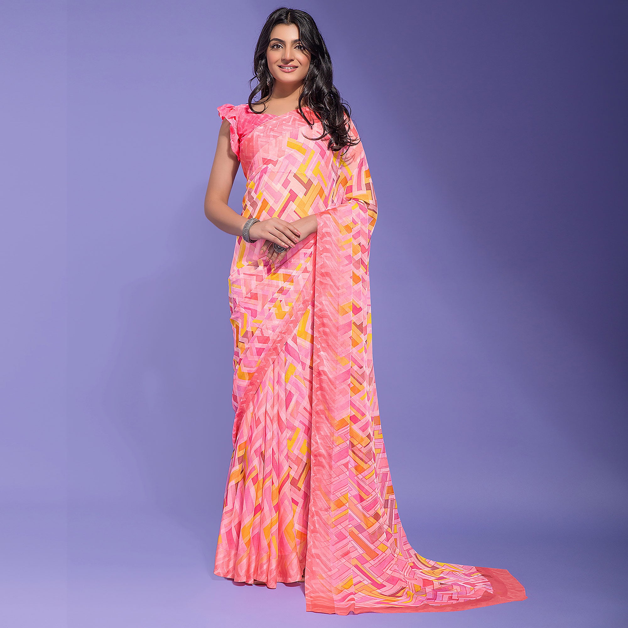 Salmon Pink Geometric Printed Chiffon Saree