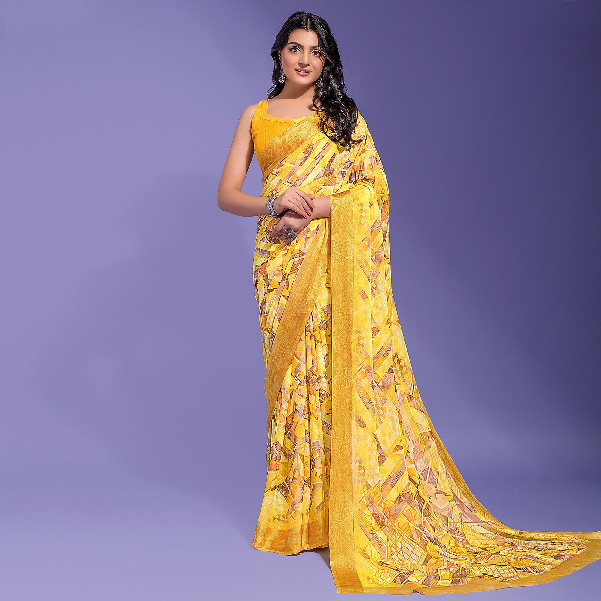 Yellow Geometric Printed Chiffon Saree