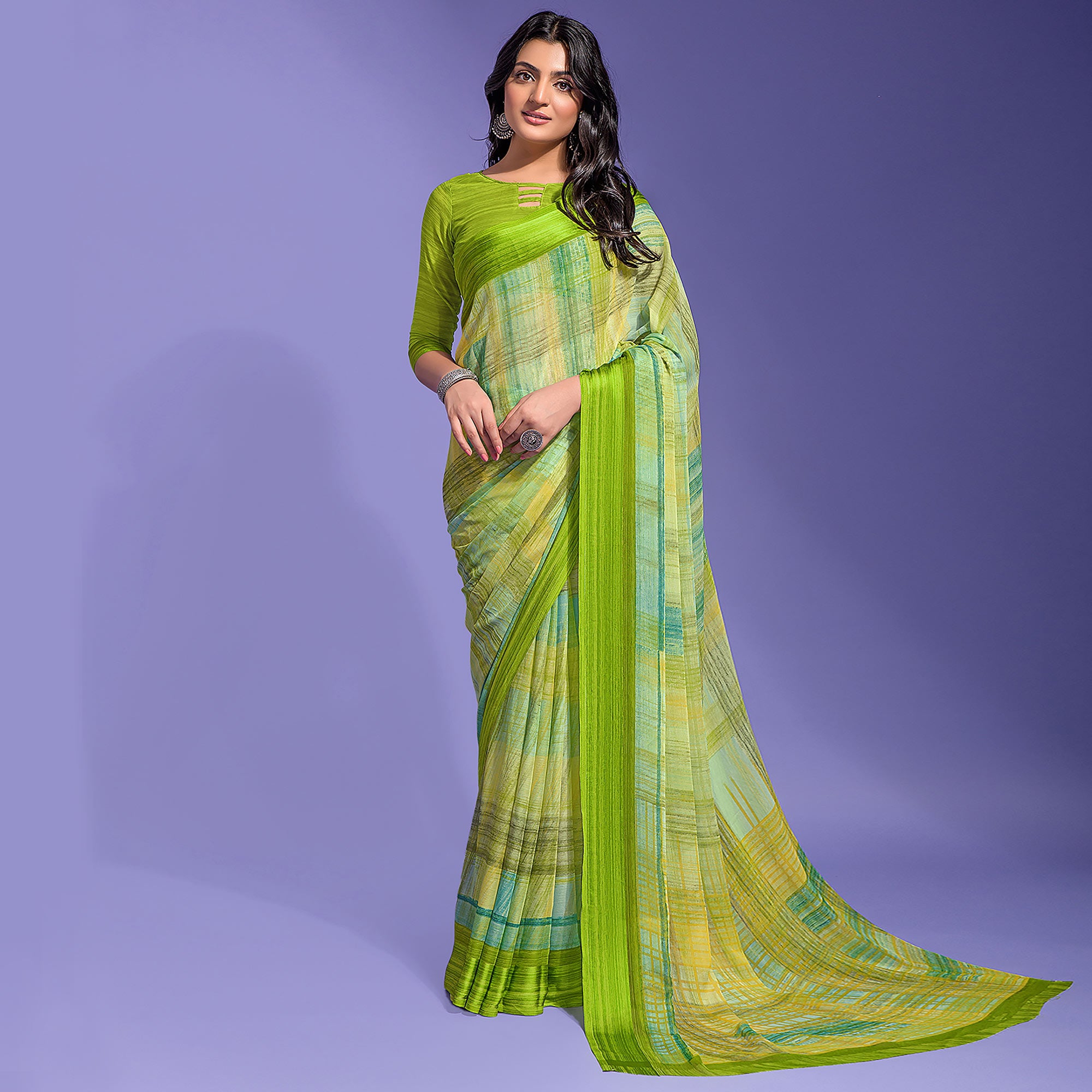 Green Printed Chiffon Saree