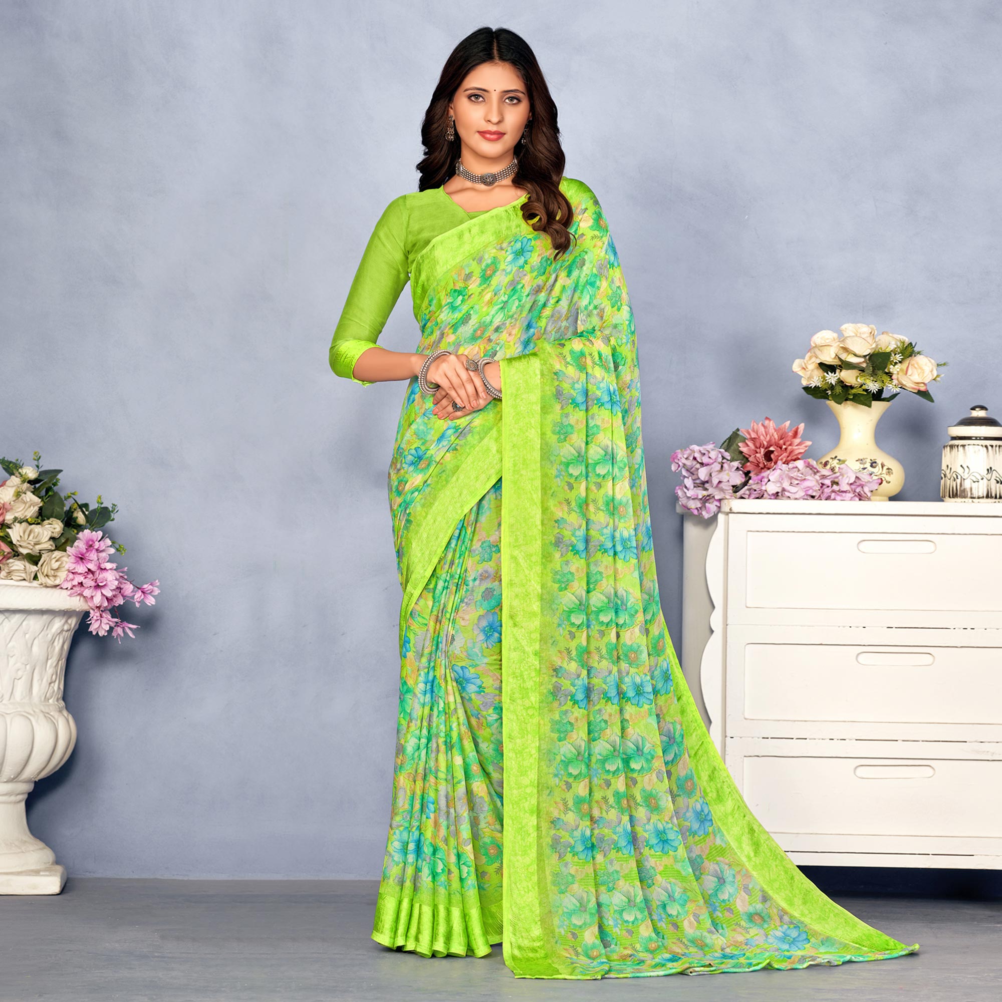 Green Floral Digital Printed Chiffon Saree