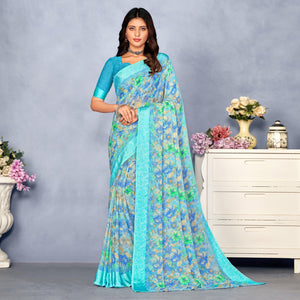 Blue Floral Digital Printed Chiffon Saree