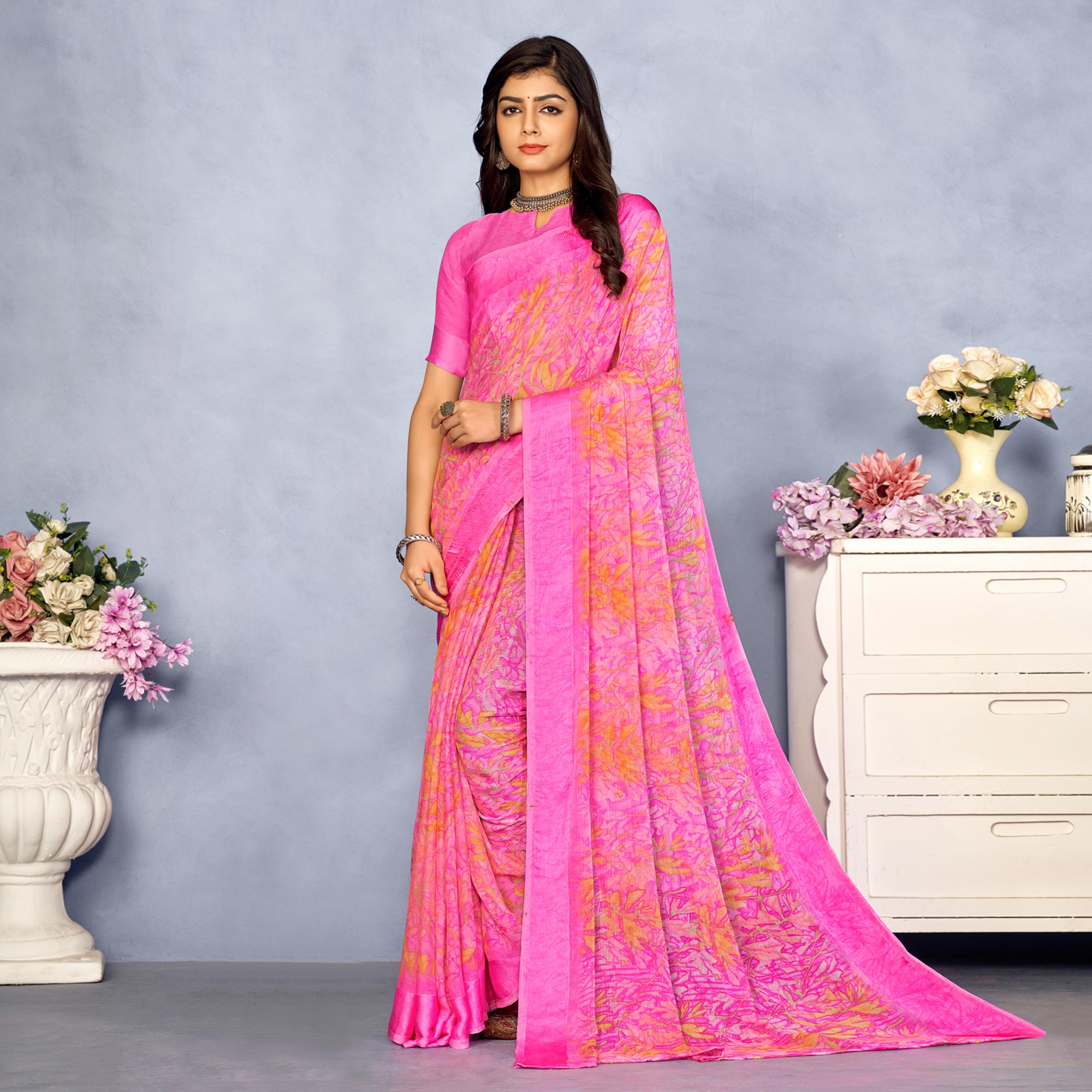 Pink Floral Digital Printed Chiffon Saree