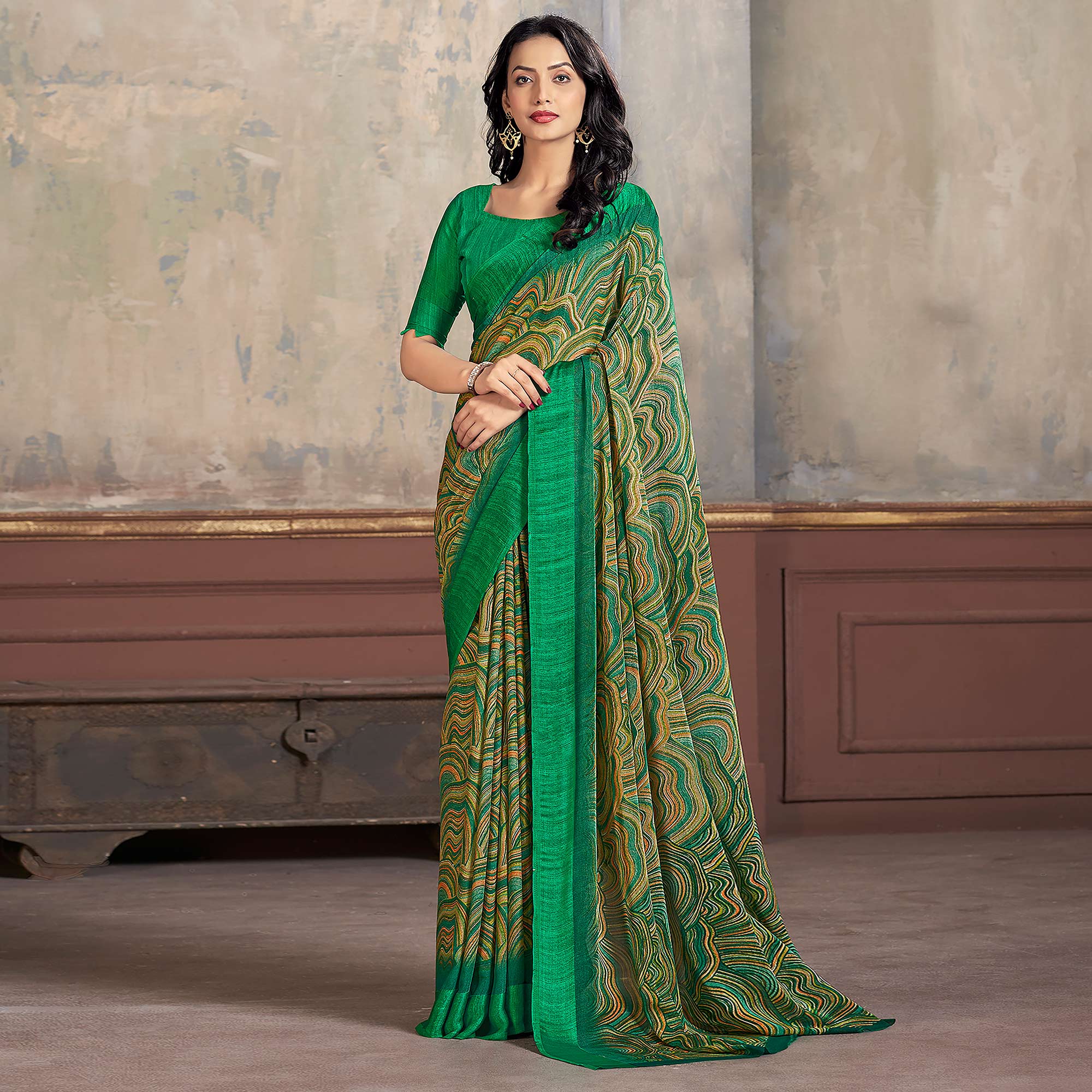 Green Printed Chiffon Saree With Woven Border