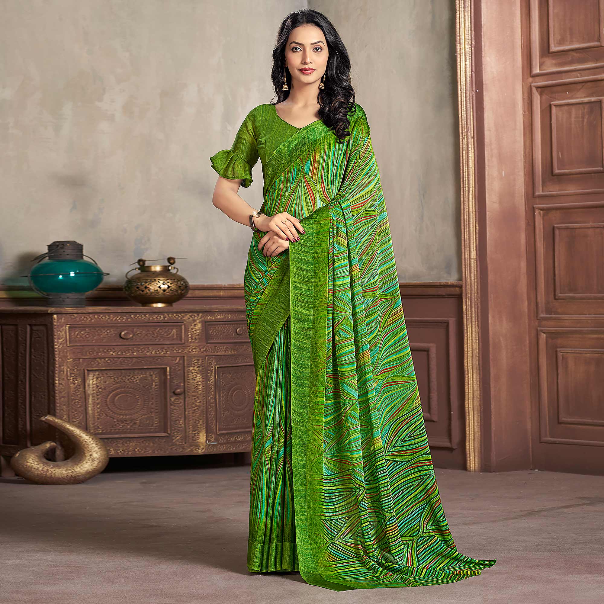 Green Printed Chiffon Saree With Woven Border