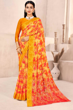Mustard Chiffon Saree With Delicate Floral Prints & Elegant Woven Border