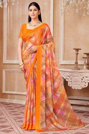 Orange Chiffon Saree With Delicate Prints & Elegant Satin Woven Border