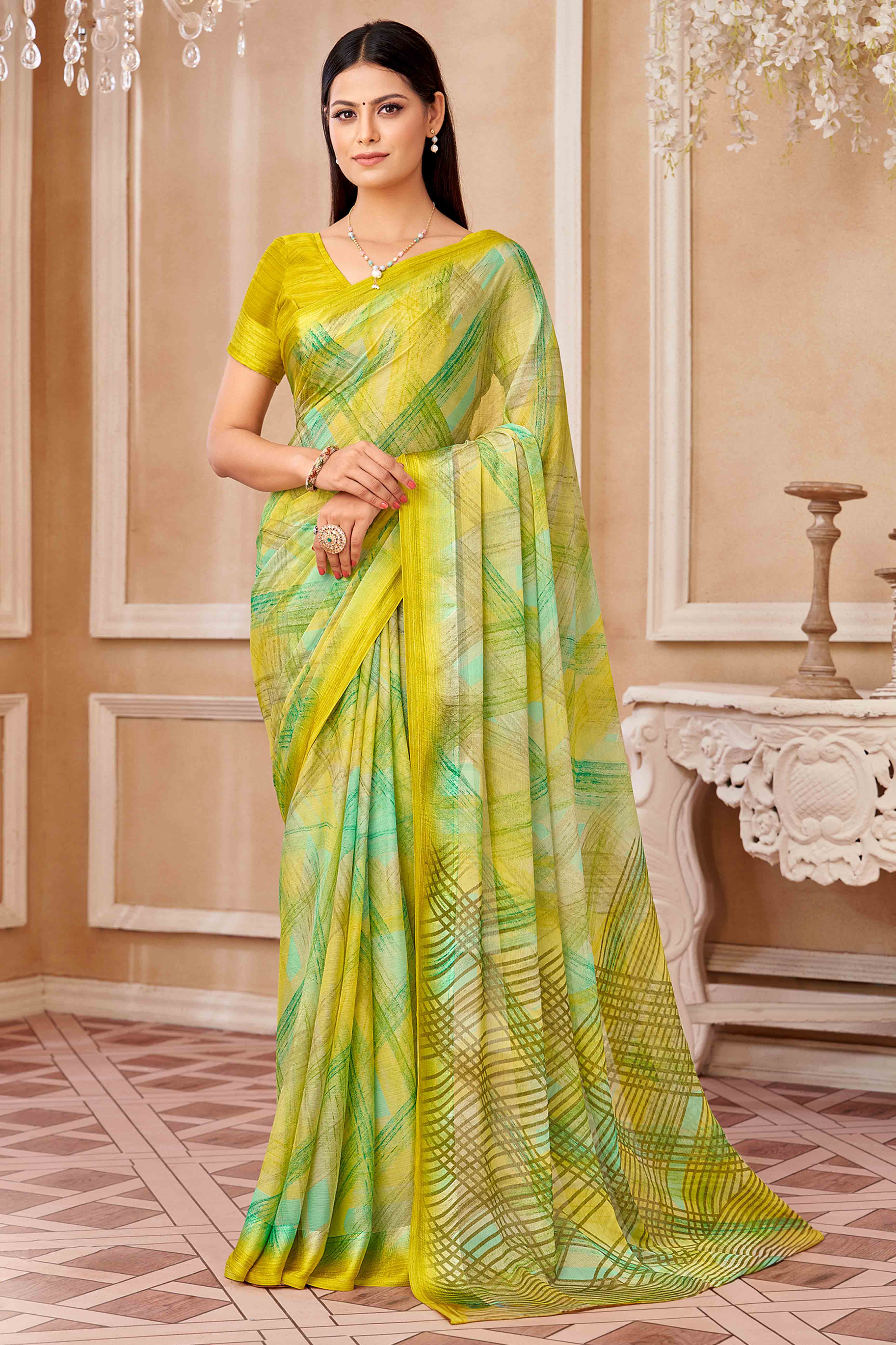 Lime Green Chiffon Saree With Delicate Prints & Elegant Satin Woven Border