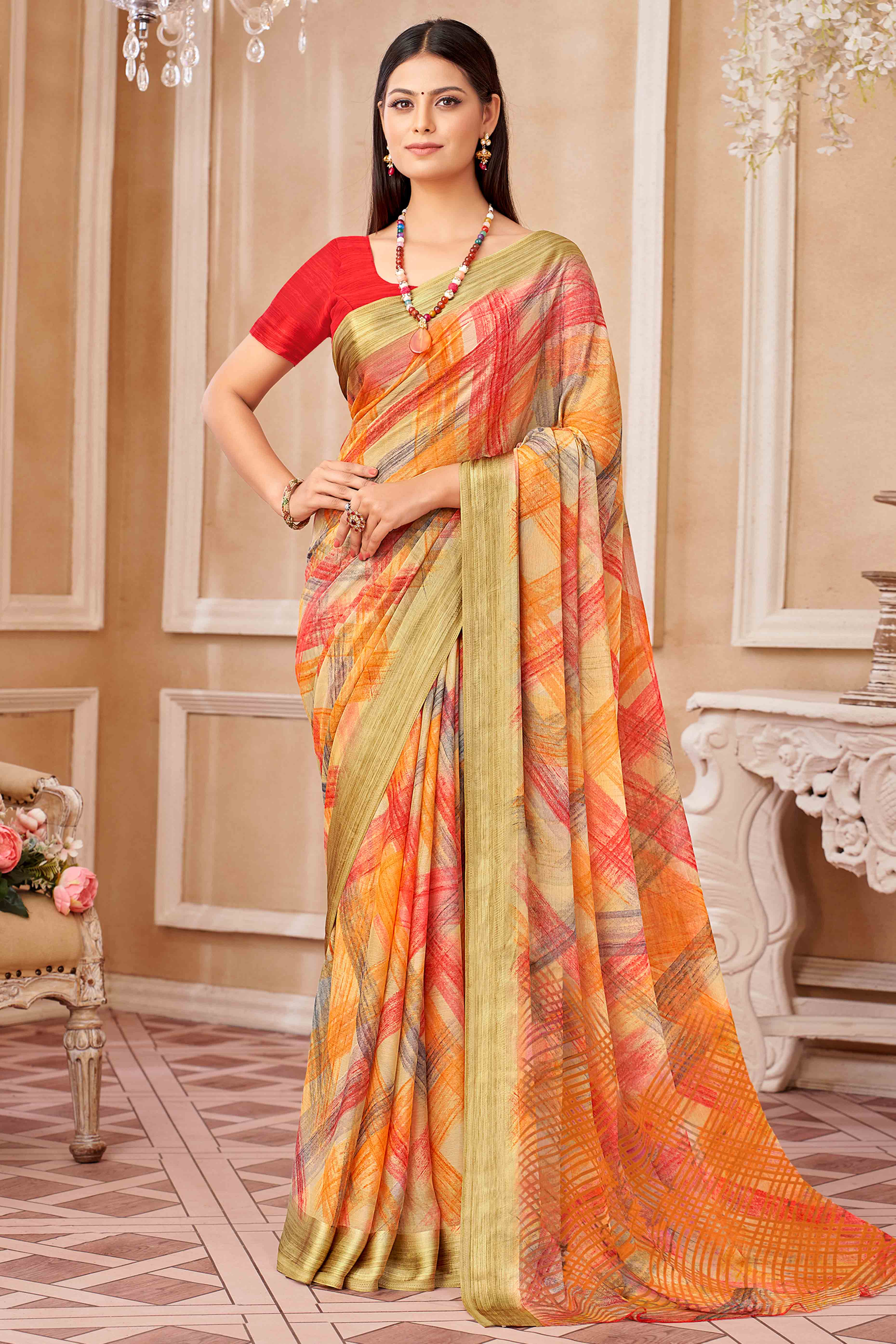 Multicolor Chiffon Saree With Delicate Prints & Elegant Satin Woven Border