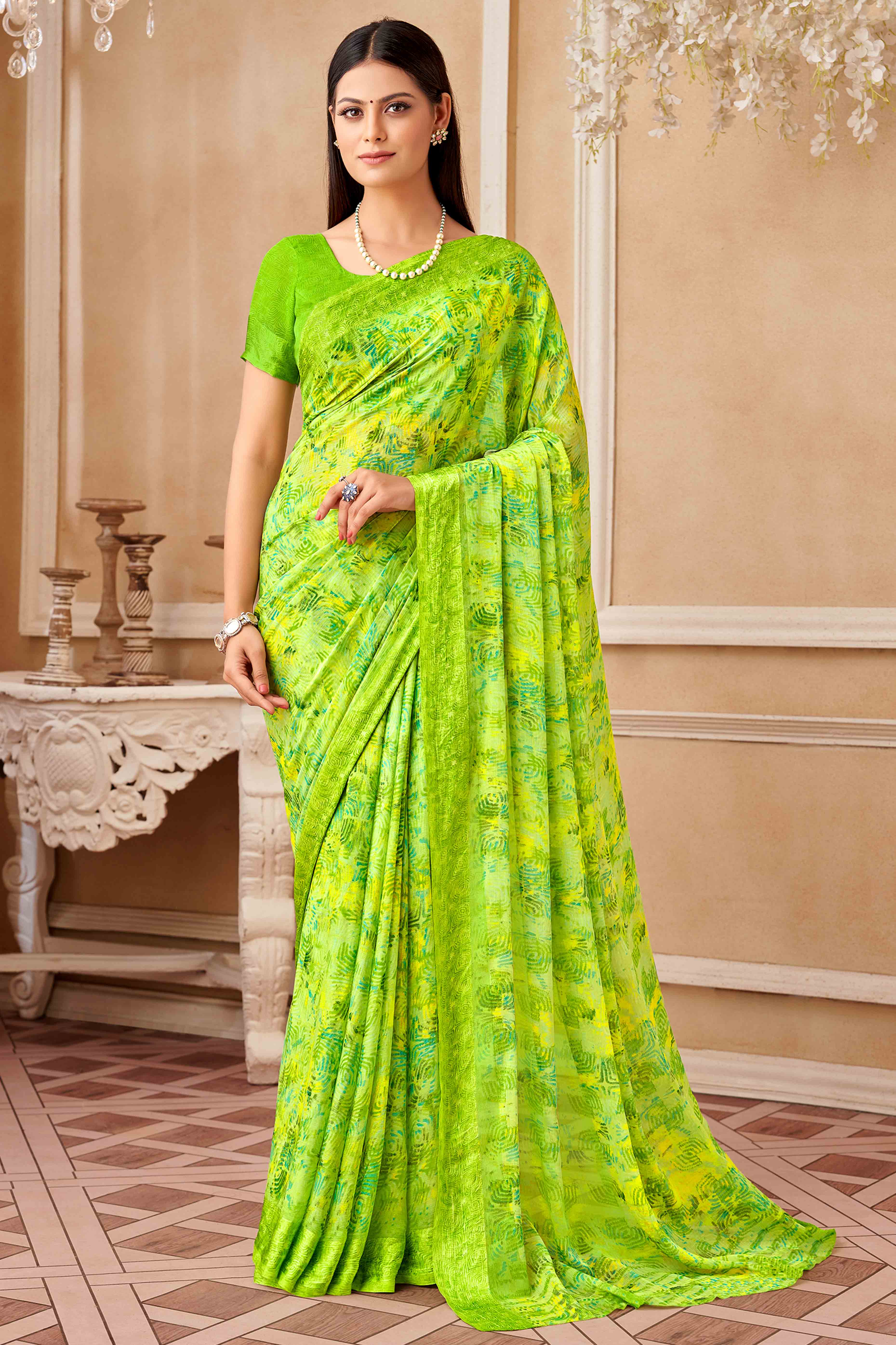 Green Chiffon Saree With Delicate Prints & Elegant Satin Woven Border